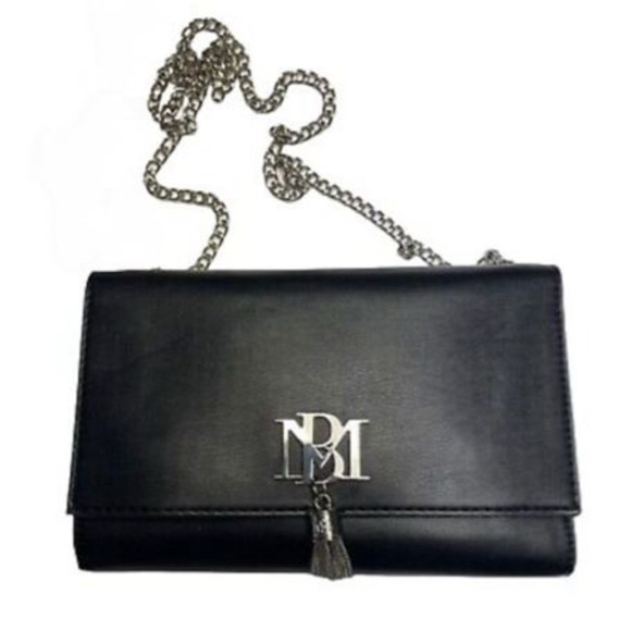BADGLEY MISHKA - Black Vegan Leather with Gun Metal Hardware Logo, Tassel, Strap - Picture 15 of 16